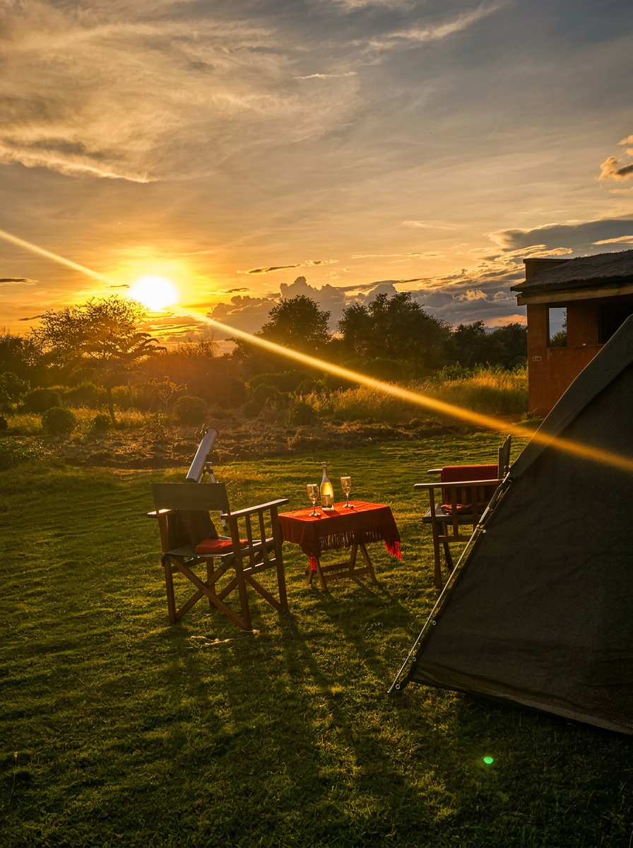 Sunset over the campsite with telescope and tent